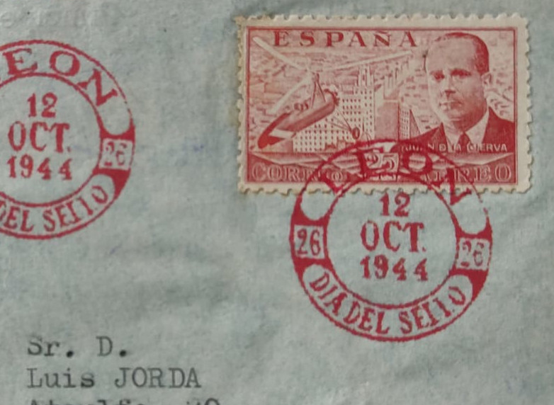 Matasellos día del sello de 1944, color rojo. Sello de Juan de la Cierva de 25 pts. Carta enviada a Barcelona